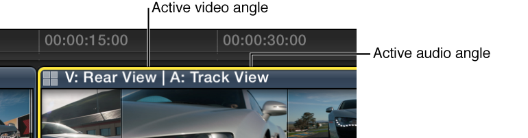 Multicam clip in Timeline showing names of active video and audio angles