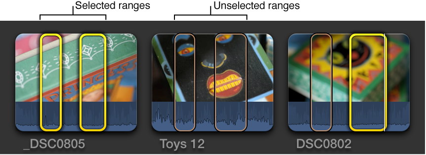 Clips in Browser showing selected and unselected ranges