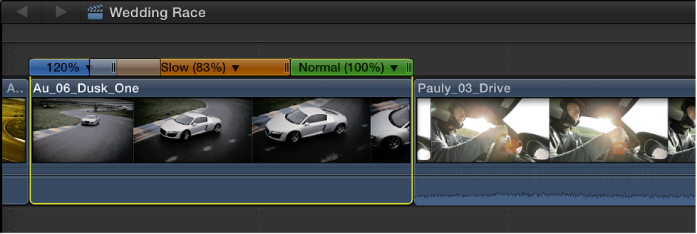 Timeline showing clip with three speed segments and one speed transition