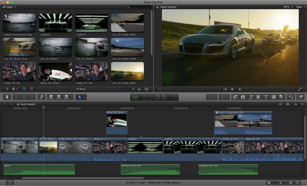 Final Cut Pro 窗口,显示了浏览器、检视器和时间线。