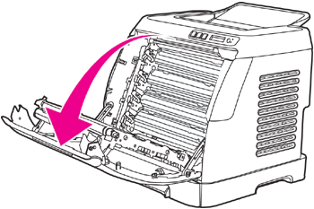 HP Color Laserjet 2605 y open door لإزالة الانحشار من منطقة الطباعة المزدوجة (في طرازات HP Color LaserJet ‎2605dn و ‎2605dtn فقط)