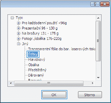 HP LaserJet 600 M601 M602 M603 kg print pq type labels cs Tisk na speciální papír, štítky nebo fólie v systému Windows