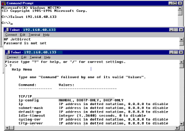 HP Jetdirect Print Servers telnet session A typical Telnet session