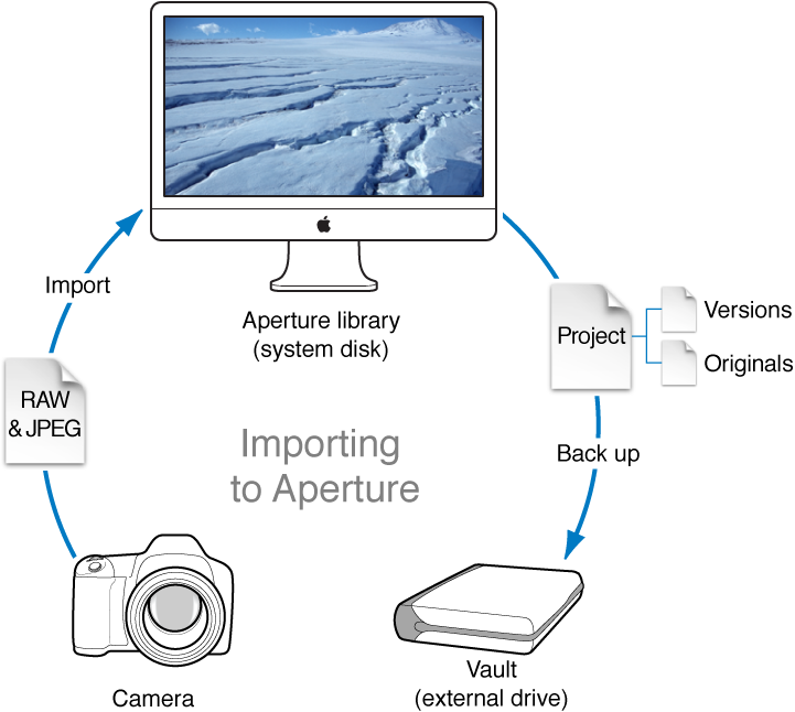 Figure. Diagram of an Aperture workflow that involves taking images with a digital camera, importing them into the Aperture library on your computer's system disk, and then backing up the library containing the masters and versions to a vault.