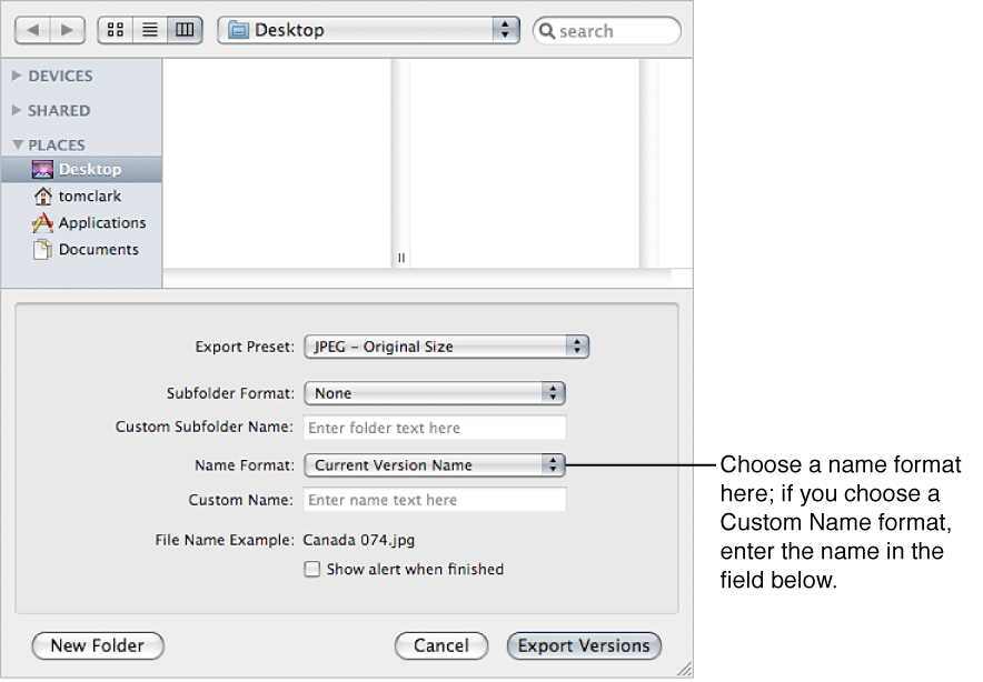 Figure. Name format options in the Export dialog.