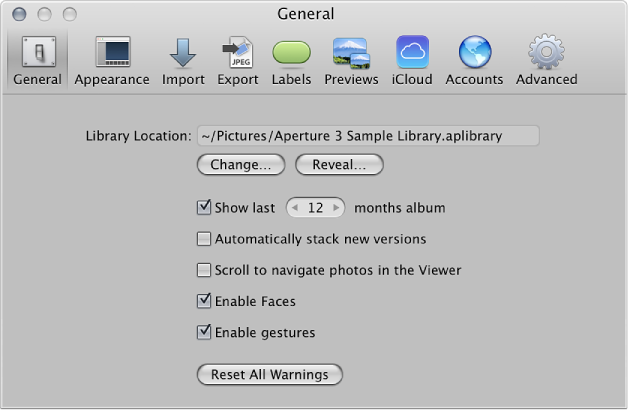 General preferences pane of the Aperture Preferences window