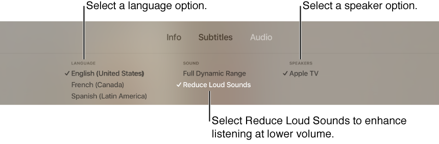 Playback screen showing Audio pull-down and Reduce Loud Sounds selected