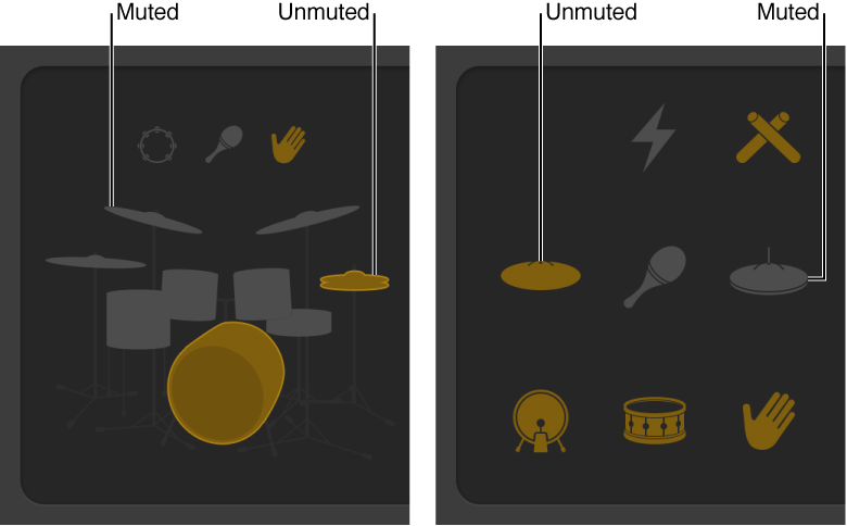 Figure. Drummer Editor showing muted and unmuted kit pieces