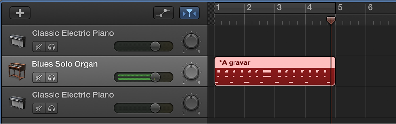 Figura. Ilustração de uma região MIDI gravada a vermelho na área Faixas.