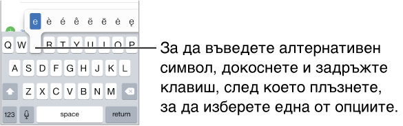 Екран, който показва алтернативни символи за клавиша &quot;e&quot;.