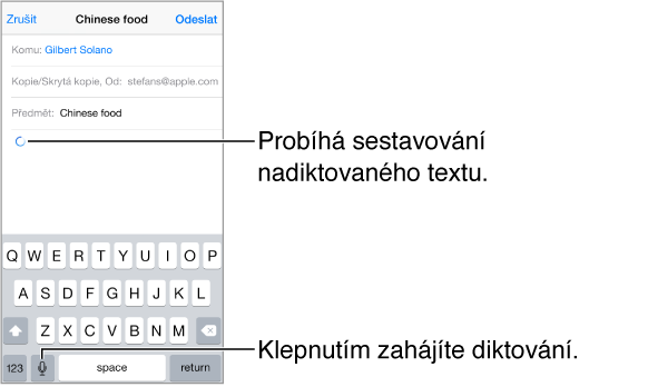 Rozepsaná e-mailová zpráva Místo, kam bude vložen diktovaný text, je označeno kruhovou šipkou. Na klávesnici se zobrazí klávesa se symbolem diktování (nalevo od mezerníku).