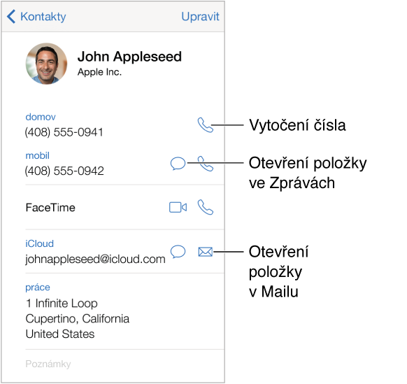 Informační obrazovka kontaktu. Klepnutím otevřete položku, například e‑mailovou adresu nebo webovou stránku.