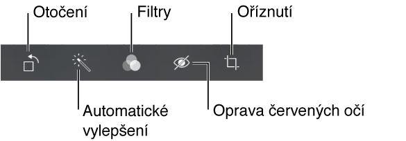 K dostupným volbám úprav patří otáčení, automatické vylepšení, filtry, odstranění červených očí a ořez.