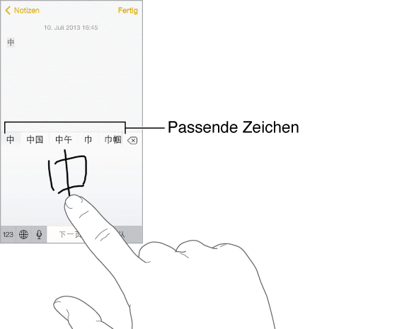 Die App für Notizen mit dem Touchpad in der unteren Bildschirmhälfte. Der Zeigefinger einer Hand zeichnet ein chinesisches Zeichen. Die vorgeschlagenen Zeichen werden darüber eingeblendet. Das ausgewählte Zeichen wird zuoberst angezeigt.