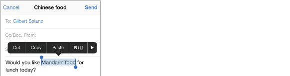 Sample email message with some of the text selected. Above the selection are the Cut, Copy, Paste, bold/italics/underline, and right arrow buttons. The selected text is highlighted, with grab points at either end.