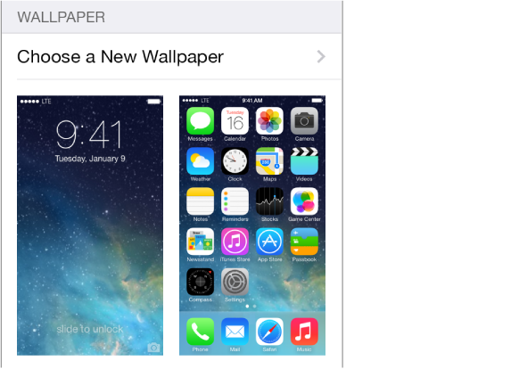 Image of the Lock screen and Home screen showing the current wallpaper.