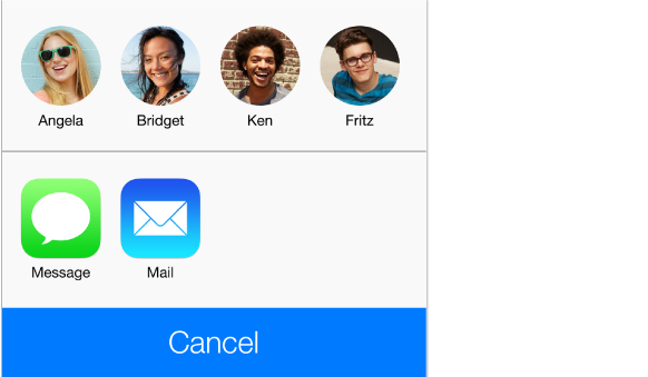 The sharing panel, showing four people within range for AirDrop, and buttons for sharing using Messages or Mail.