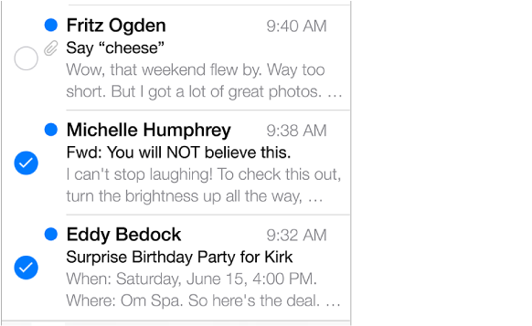 A partial inbox list showing three messages, two of which are marked with checkmarks.