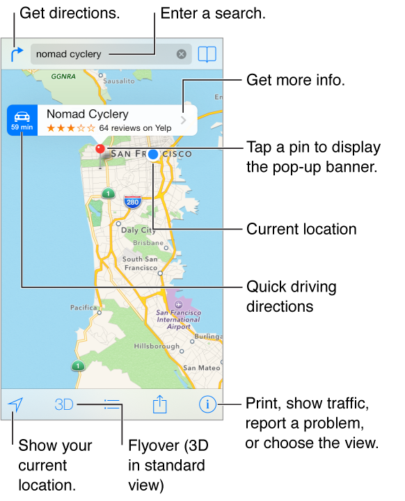 Maps showing a location (indicated by a red pin). Above the pin is a banner, with Quick driving directions on the left, the name of the location and Yelp star rating and number of reviews, and the More Info button on the right. At the top are the Get directions button on the left, the search field in the center, and the bookmark button on the right. Along the bottom are tracking, 3D view, directions, share, and settings buttons.