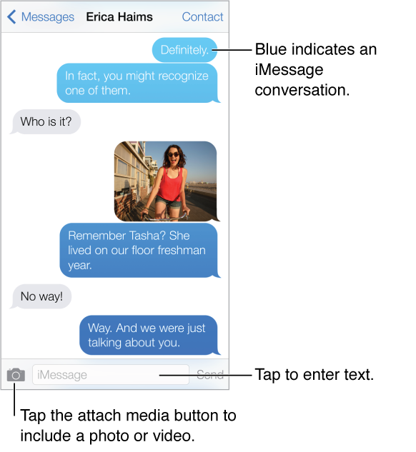 Messages conversation. At the top is the title bar with the name of the person you’re texting, along with the Messages button and Contact button. Below the title bar are the text messages sent and received during a conversation, and a photo included in the conversation. At the bottom of the screen are the attach media button, text entry field, and Send button.