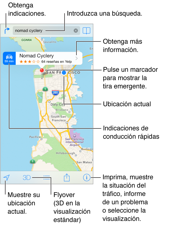 Mapas mostrando una ubicación (señalada con un marcador rojo). Encima del marcador hay una tira de información, con las indicaciones de conducción rápidas a la izquierda, el nombre de la ubicación y la puntuación de estrellas y el número de opiniones de Yelp, y el botón “Más información” a la derecha. En la parte superior está el botón para obtener indicaciones a la izquierda, el campo de búsqueda en el centro y el botón de marcador a la derecha. A lo largo de la parte inferior se encuentran los botones de interletraje, visualización 3D, indicaciones, compartir y ajustes.