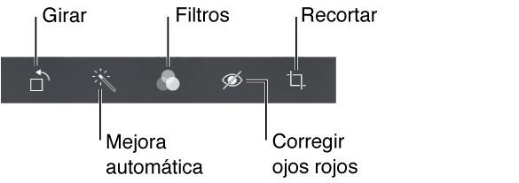 Las opciones de edición son, entre otras, Girar, Mejora automática, Filtros, Corregir ojos y Recortar.