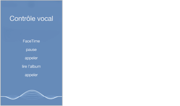 Écran de Contrôle vocal, montrant des exemples de commandes que vous pouvez utiliser. Une forme représentant une vague apparaît au bas de l’écran.