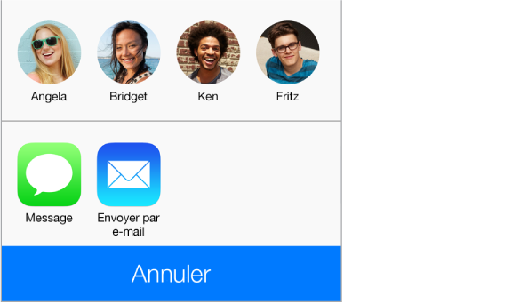 Le volet Partage, affichant quatre personnes à portée d’AirDrop et les boutons de partage via Messages ou Mail.