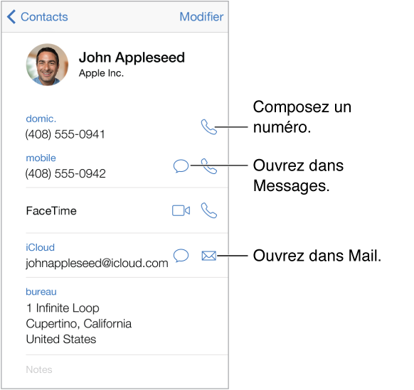 L’écran Infos pour un contact. Touchez une entrée, telle qu’une adresse e-mail ou un site web, pour l’ouvrir.