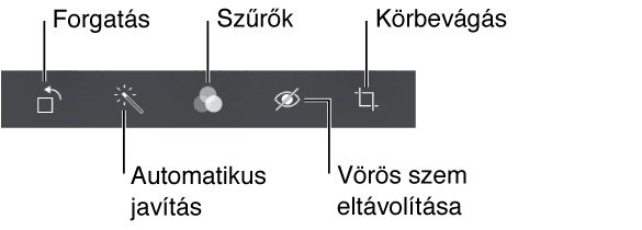 A lehetőségek szerkesztése tartalmazza a forgatást, automatikus javítást, szűrőket, vörösszem korrigálást és a kivágást.