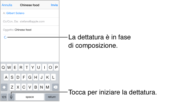 Composizione di un messaggio e-mail. Una freccia circolare indica il punto verrà inserito il testo dettato. Il tasto dettatura appare sulla tastiera, a sinistra della barra spaziatrice.