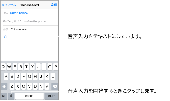 作成中のメールメッセージ。 音声入力したテキストが挿入される位置に、丸まった矢印が表示されています。 キーボードのスペースバーのすぐ左横に、音声入力キーが表示されています。