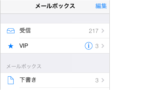 「受信」ボックスと「VIP」メールボックス（星付き）が表示された「メールボックス」画面。 「受信」ボックスには 217 件、「VIP」には 3 件のメッセージがあります。 一番下には「下書き」メールボックスがあります。