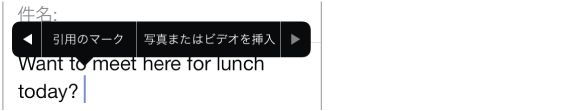 作成中のメッセージ。 「Cc/Bcc」フィールドをタップして、「差出人」、「CC」、または「BCC」アドレスを変更します。 挿入ポイントをタップしてスタイルメニューを表示し、「写真またはビデオを挿入」をタップして、メッセージに項目を添付します。 「iPhone から送信」という署名を変更するには、「設定」＞「メール/連絡先/カレンダー」と選択します。