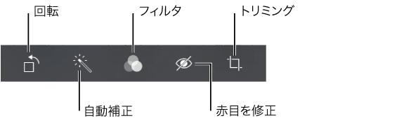 回転、自動補正、フィルタ、赤目除去、トリミングの編集オプションが並んでいます。