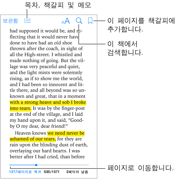 열린 책의 페이지. 상단에는 왼쪽에서 오른쪽 방향으로 보관함 버튼, 차례 버튼, 모양 버튼, 검색 버튼 및 책갈피 버튼이 있습니다. 하단에는 페이지 선택 제어기가 있습니다.