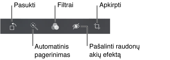 Redagavimo parinktys apima pasukimą, automatinį kokybės gerinimą, filtrus, raudonų akių efekto pašalinimą ir apkarpymą.