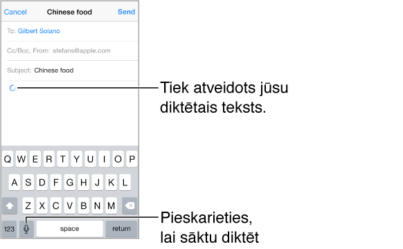 Tiek veidots e-pasta ziņojums. Apļveida bultiņa norāda vietu, kur tiks ievietots diktētais teksts. Uz tastatūras — tieši pa kreisi no atstarpes taustiņa — ir redzams diktēšanas taustiņš.