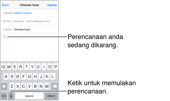 Mesej e-mel sedang dikarang. Anak panah membulat menunjukkan tempat teks perencanaan akan diletakkan. Kekunci perencanaan muncul pada papan kekunci, betul-betul ke kiri bar ruang.