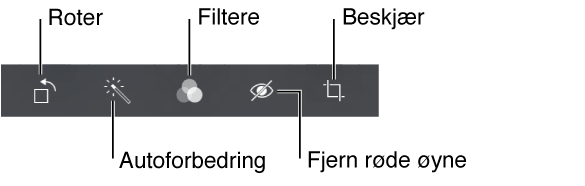 Du har redigeringsvalg for rotering, autoforbedring, filtre, fjerning av røde øyne og beskjæring.