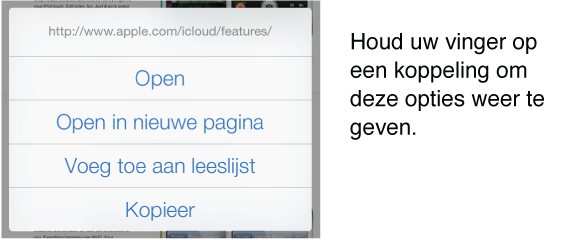 Houd uw vinger op een koppeling om het doeladres te zien, alsook knoppen waarmee u de pagina opent, het adres opent in een nieuwe pagina, de pagina toevoegt aan uw leeslijst of het adres kopieert.
