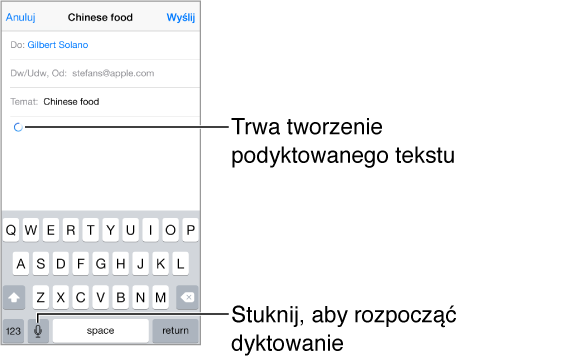 Tworzenie wiadomości email. Zagięta strzałka oznaczająca miejsce, w którym zostanie umieszczony dyktowany tekst. Na klawiaturze, po lewej stronie spacji, widoczny jest klawisz dyktowania.