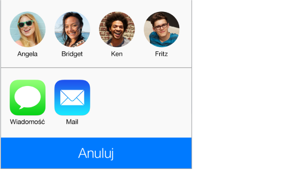 Panel udostępniania pokazujący cztery osoby w zasięgu AirDrop oraz przyciski wysyłania za pomocą Wiadomości i Mail.