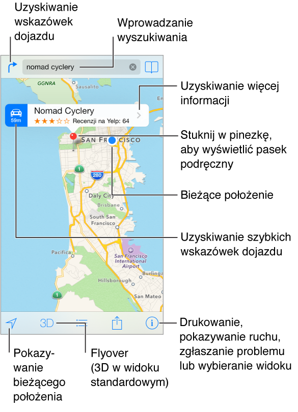 Program Mapy pokazujący miejsce (wskazywane czerwoną pinezką). Nad pinezką znajduje się pasek z szybkimi wskazówkami dojazdu po lewej stronie, nazwą miejsca, oceną Yelp i liczbą recenzji oraz z przyciskiem Więcej informacji po prawej stronie. Na górze znajdują się: przycisk uzyskiwania wskazówek dojazdu z lewej strony, pole wyszukiwania pośrodku i przycisk zakładki z prawej strony. Na dole wyświetlane są przyciski: śledzenia, widoku 3D, wskazówek, wysyłania i ustawień.