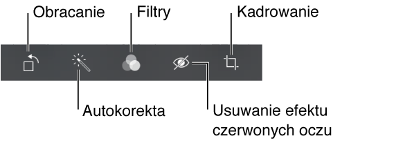 Opcje edycji: obracanie, autokorekta, filtry, usuwanie efektu czerwonych oczu i kadrowanie.