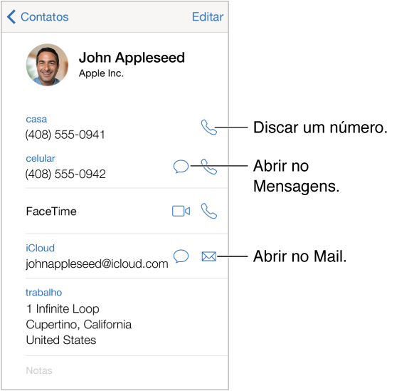A tela de informações de um contato. Toque em uma entrada, como um endereço de e-mail ou site, para abri-la.