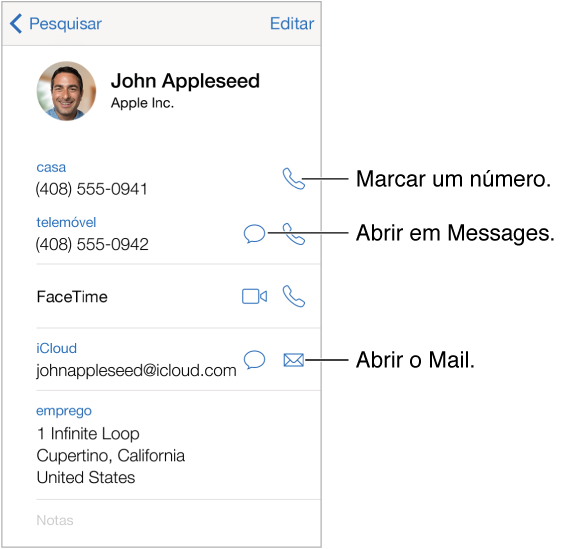 Ecrã de informação relativo a um contacto. Toque numa entrada, como um endereço de e-mail ou site, para a abrir.