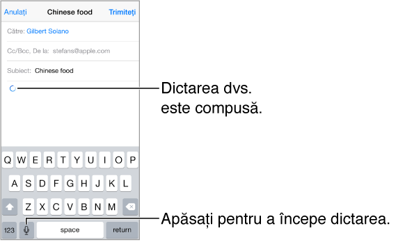 Mesaj de e-mail în curs de compunere. O săgeată circulară indică locul în care va apărea textul dictat. Tasta de dictare apare pe tastatură, imediat în stânga barei de spațiu.