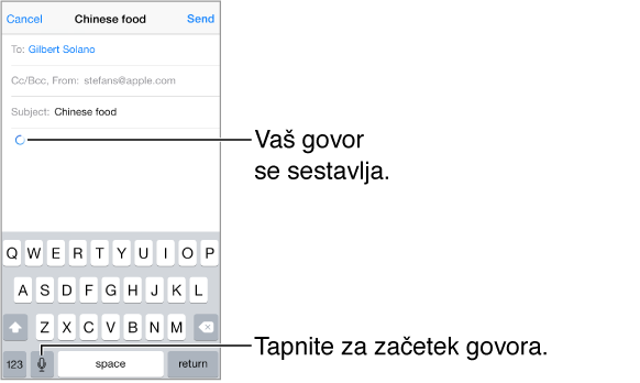 Sestavljanje e-poštnega sporočila. Mesto, kjer bo narekovano besedilo, kaže krožna puščica. Na tipkovnici se levo od preslednice prikaže tipka za narekovanje.