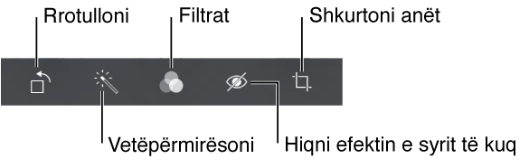 Opsionet e redaktimit përfshijnë rrotullimin, përmirësimin automatik, filtrat, heqjen e syve të kuq dhe prerjen.